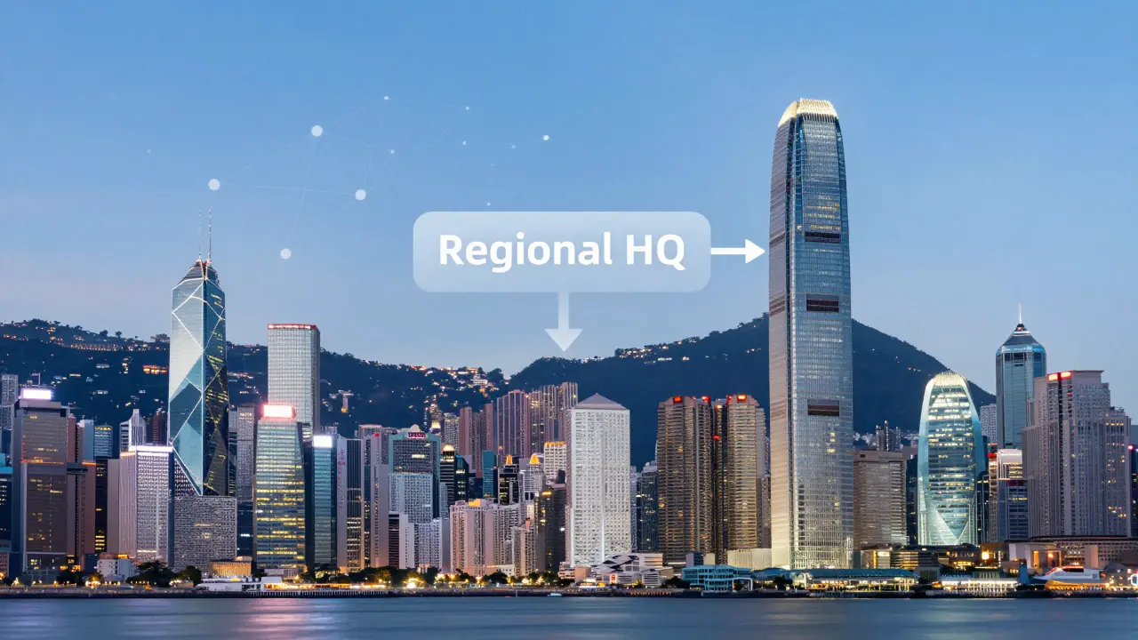 香港天际线前的区域总部规划概念图，展现国际商务枢纽与企业网络连接